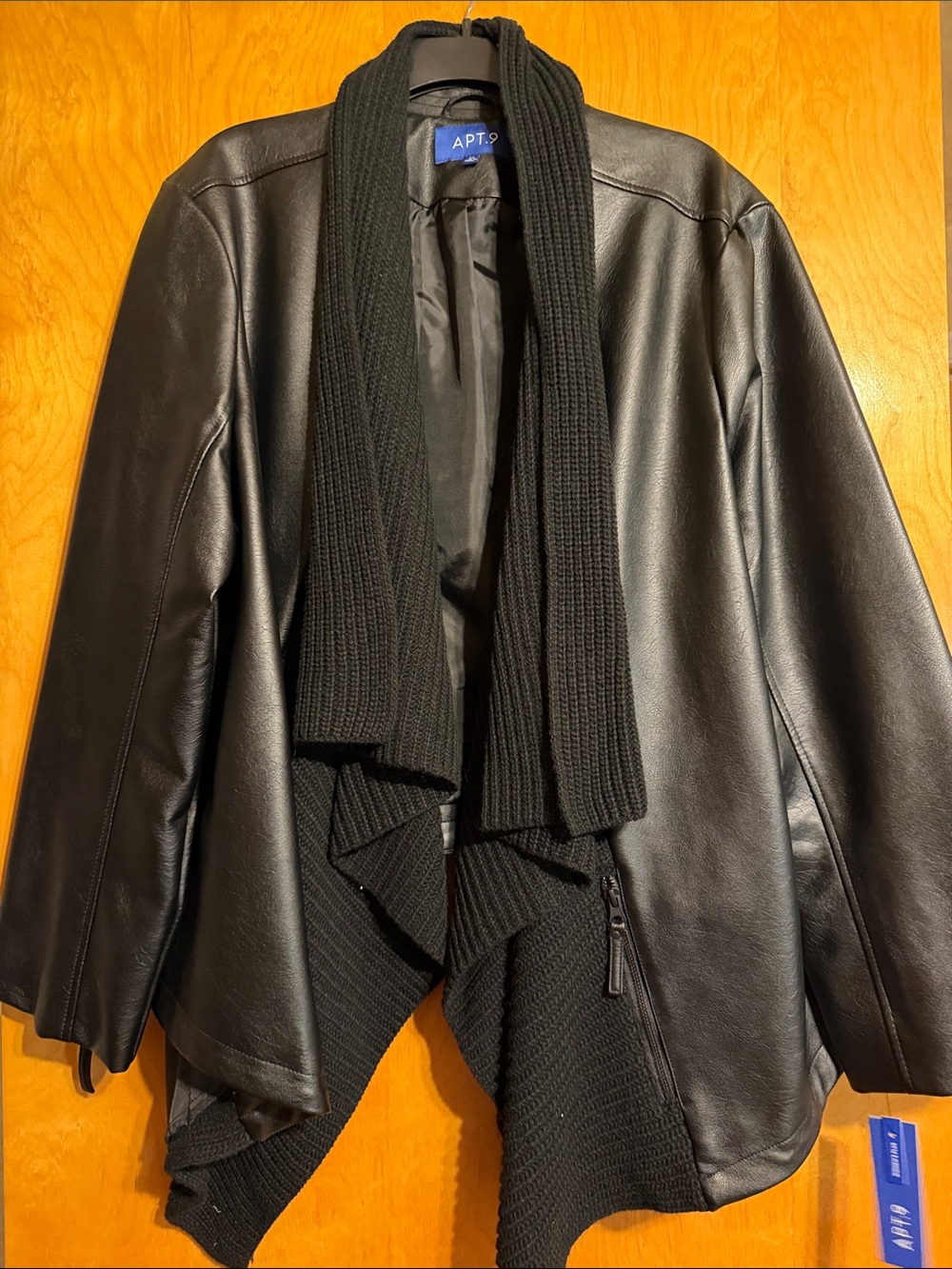Apt. 9 Black Faux Leather Draped Jacket with Knit Scarf Trim